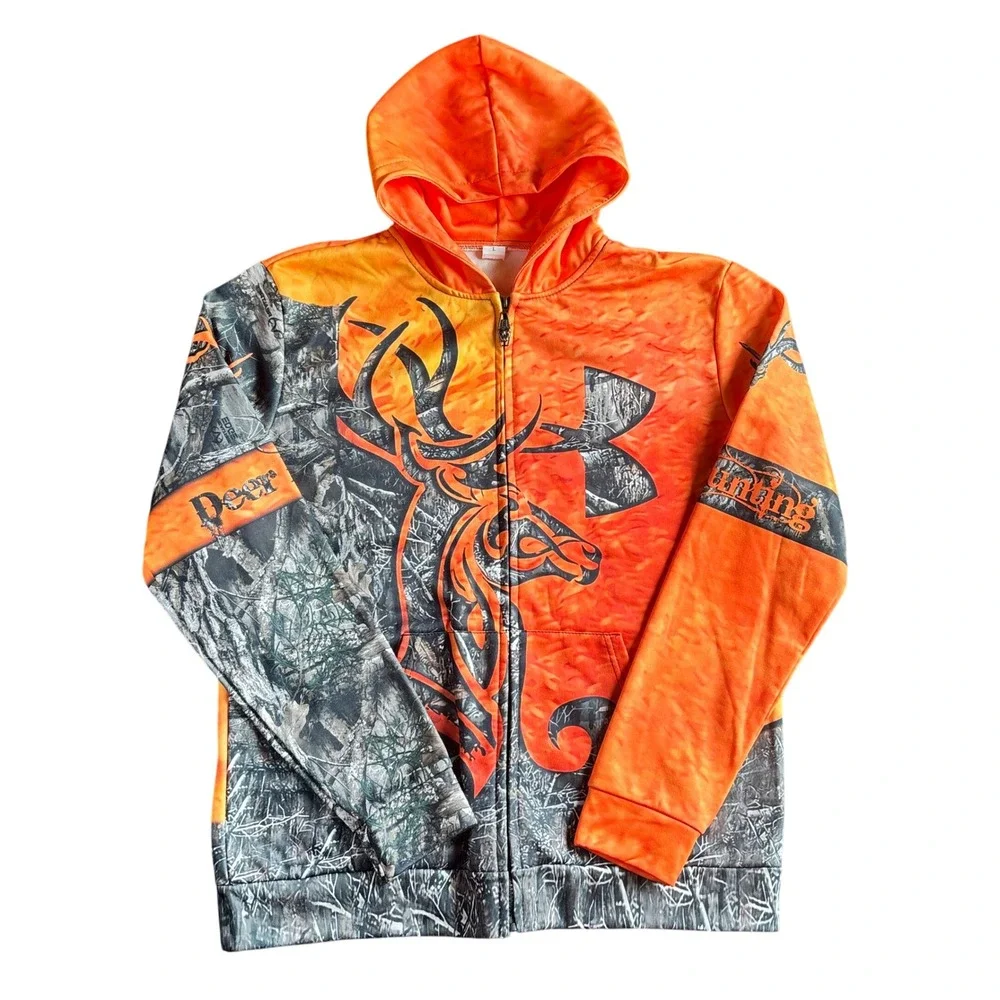 Mens Blaze Orange Camo Deer Hunting‎ Full Zip Hoodie Large